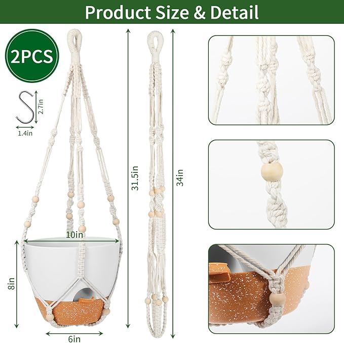 GARDIFE 10 Inch Hanging Planters with Macrame Plant Hanger for Indoor and Outdoor Plants, 2 Pack Large Self Watering Hanging Plant Pot with Basket Flower Pot with Drainage Hole, White
