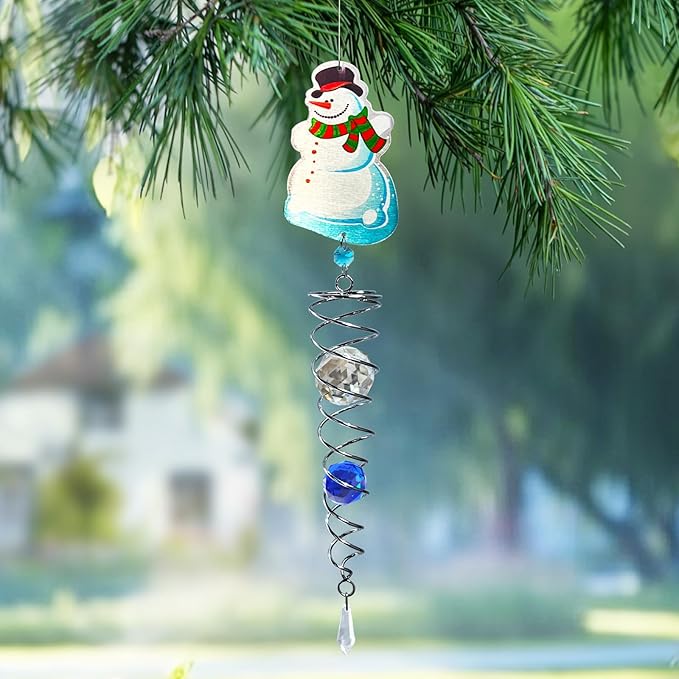 FONMY Snowman Gazing Ball Spiral Decorative Wind Spinner Sun Catcher Rainbow Maker Silver Spiral W/ K9 Crystal Ball Christmas Tree Hanging Ornament Indoor Outdoor Garden Decor. -22 inch H