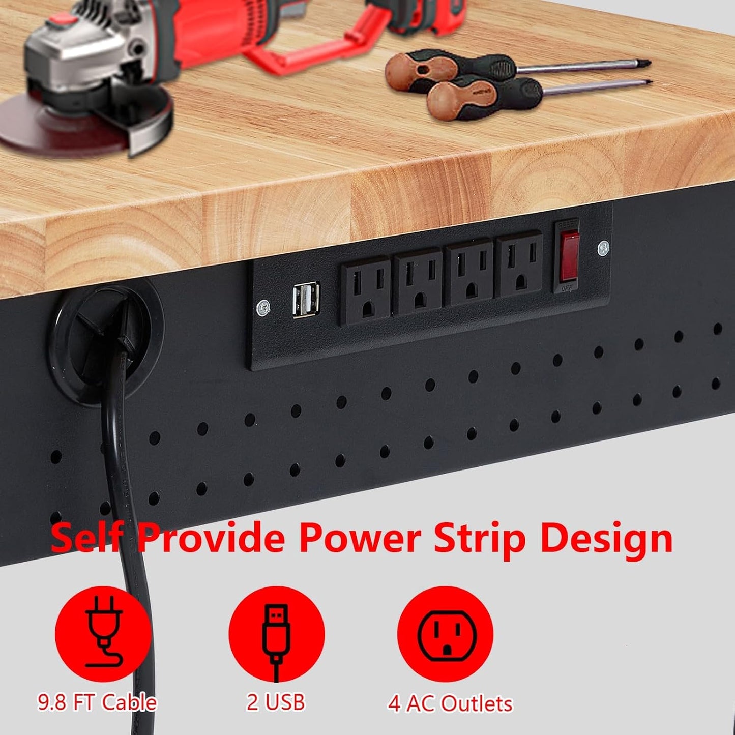 48x24 Inch Heavy-Duty Adjustable Workbench with Rubber Wood Top – 2000LB Capacity Mobile Garage Workstation with Drawer&Backplate, Ideal for Workshop, DIY & Tool Storage