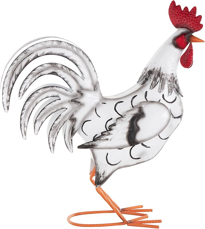 Deco 79 Metal Rooster Decorative Garden Sculpture Garden Statue with Black and Red Accents, Outdoor Sculpture 6" x 16" x 18", White