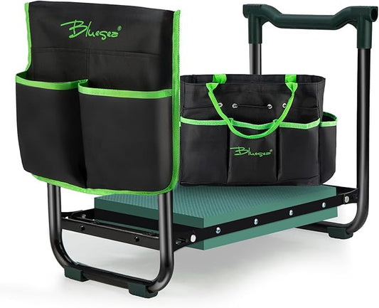 Bluesea Garden Kneeler and Seat - 2-in-1 Heavy Duty Garden Stool & Thick Kneeling Pad with Tool Pouch, Foldable Garden Bench for Planting, Weeding, Seniors, Women (350lbs Capacity)