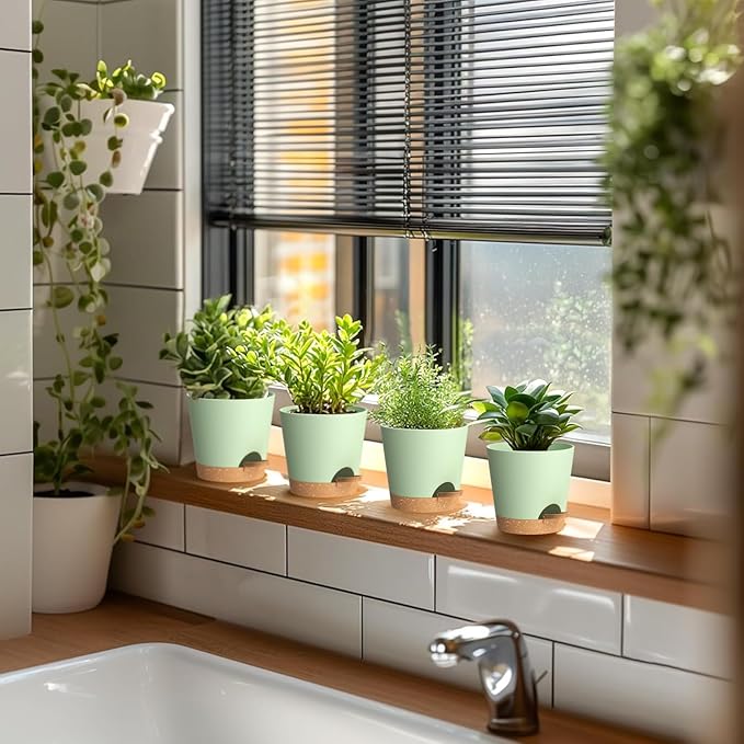 4 inch Self Watering Pots for Indoor Outdoor Plants, 6 Pack Plastic Flower Planters with Drainage Holes and Removable Saucers, Plant Pots with Wicking Rope, Modern Decor, Green Brown