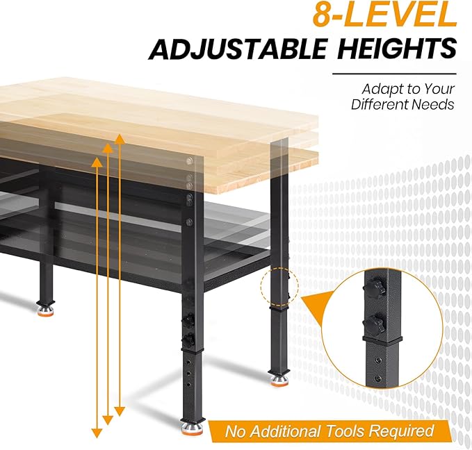 48"/60'' Adjustable Workbench, Rubber Wood Work Bench Heavy-Duty with Partition,2000 LBS Load Capacity Hardwood Work Table for Garage, Workshop, Home, Office, Easy Assembly (w/partition,48'')