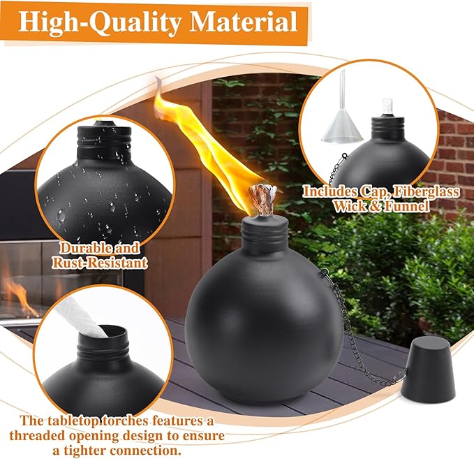 6 Pack Citronella Tabletop Torches, 25 oz Table Top Torches for Outdoor, Metal Oil Burner Candles, Garden Torches with Fiberglass Wick for Yard, Patio, Deck, Garden, Party, Landscape.