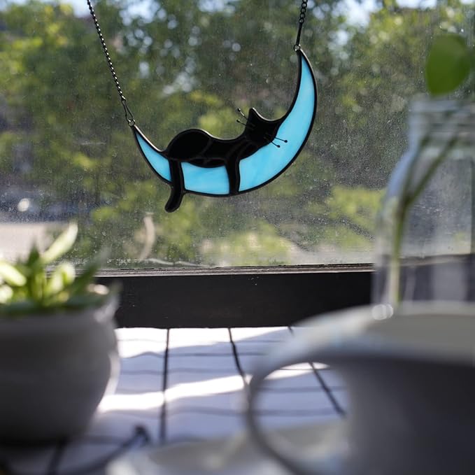 BOXCASA Sleeping Cat Stained Glass Windown Hanging,Black Cat on Moon Beautiful Handcrafted Sun Catcher Gifts for Daughter,Mothers Day,Christmas and Cat Lover