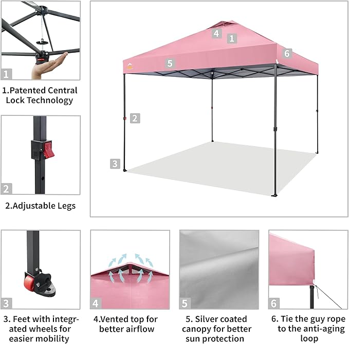 CROWN SHADES 10x10 Pop Up Canopy Tent - Patented Center Lock One Push Instant Outdoor Canopy Beach Tent with STO-N-Go Bag 8 Stakes & 4 Sand Bags，Pink