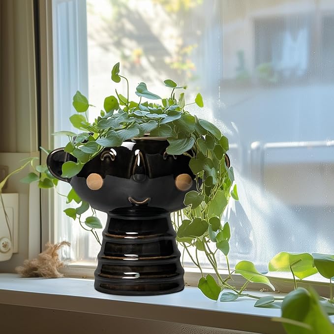 Face Planter - 7 Inch Ceramic Head Planters for Indoor Plants Outdoor, Cute Succulent Pots with Drainage Hole, Decorative Plant Pot, Home Office Room Decor, Black