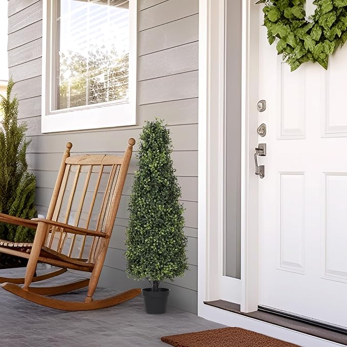 4ft Artificial Boxwood Topiary Trees (Set of 2) - UV Resistant Faux Plants Outdoor, Realistic 48in Fake Potted Bushes and Shrubs for Front Porch, Planter, Patio - Low Maintenance & Evergreen