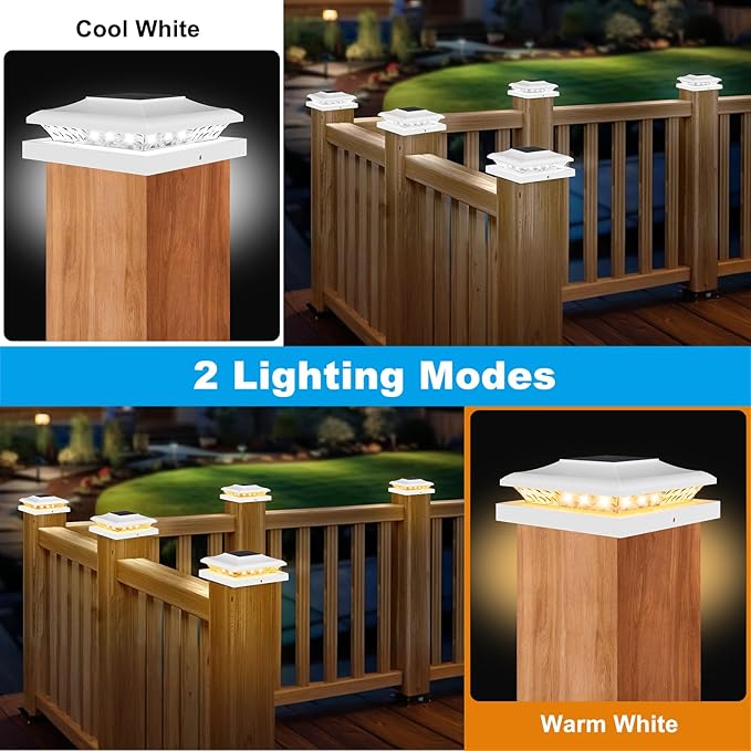 6 Pack Solar Post Cap Light Outdoor Fence Cap Lights 24 LEDs 2 Color Modes for Wooden/Vinyl Post, Waterproof Deck Patio Decoration Fits 5x5, 5.5x5.5 or 6x6 Wooden Posts (3000k/6000k)
