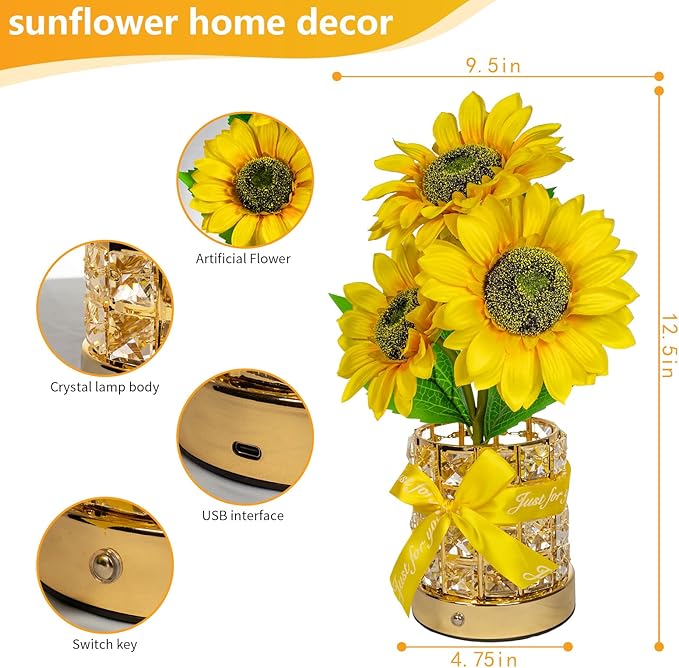 Sunflower LED Lamp,USB Rechargeable Touch Night Light, 3 Color Stepless Dimmable,Small Battery Flower Decor for Bedroom, Restaurant, Bar – Birthday, Mother’s Day,Wedding Gifts for Women,Mom