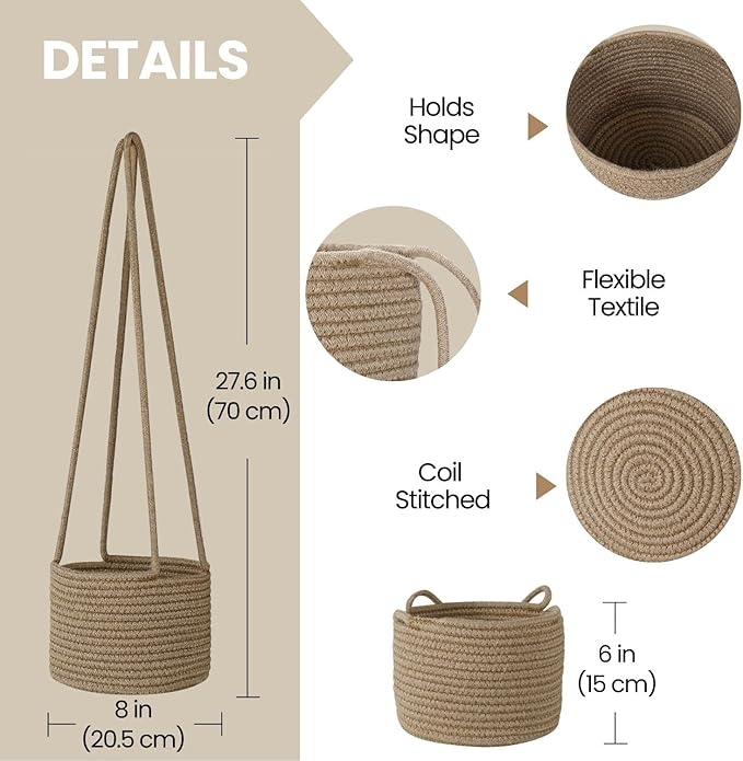 Flexzion Hanging Plant Basket, Boho Cotton Rope Basket Indoor Hanging Planter, Up to 7" Flower Pot, Macrame Woven Modern Plant Holder, Storage Bin Organizer, Home Decor with 20" Hanging Rope, Brown