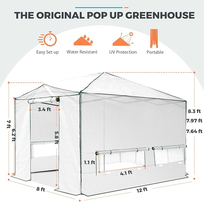 EAGLE PEAK 12x8 Portable Walk-in Greenhouse, Pop-up Indoor Outdoor Garden Green House, Zippered Doors and Windows, PE Cover, White