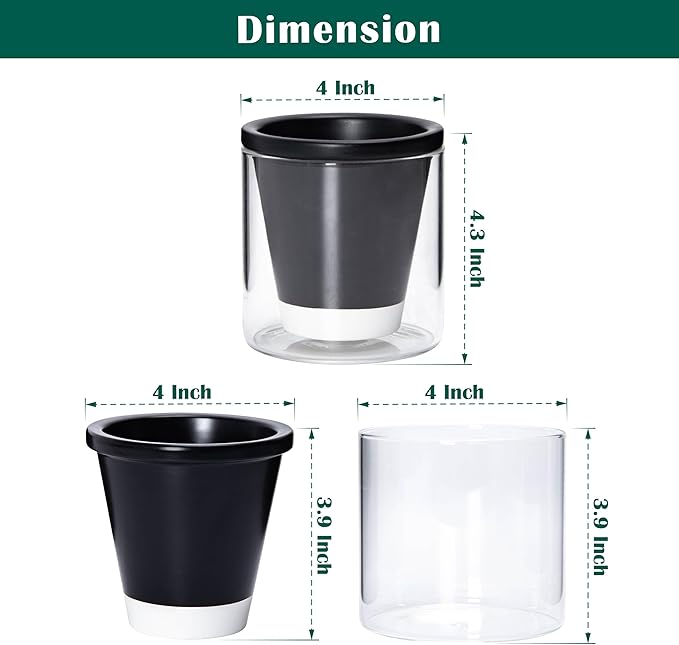 D'vine Dev 4 Inch Design Self Watering Planter for Indoor Plants, Black Terracotta Pot with Cylinder Glass Cup, Set of 4, 37-Z-A-3-F