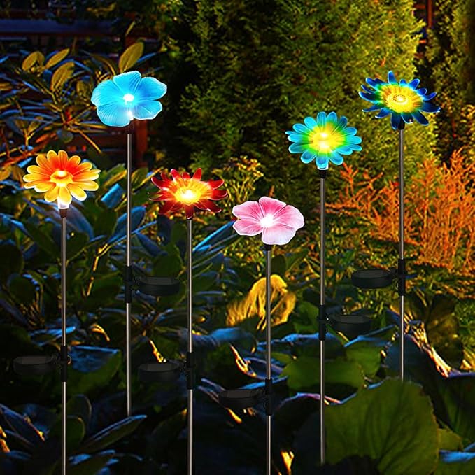 EiGreen 6 Pack Solar Garden Lights Outdoor Decor,Stake Yard Figurine Colorful Flower Light, Housewarming Ornament for Patio, Lawn, Yard, Pathway (Art Deco)