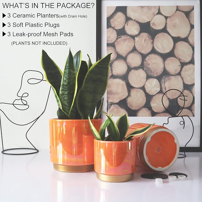 Gepege Ceramic Indoor Pots for Plants, Rainbow Pearl Glaze Planter with Drainage Hole, 6.0 inch+5.0 Inch+4.0 Inch. Orchid Flower Pots