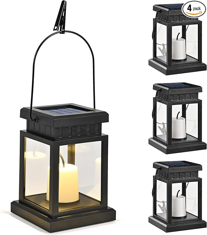 GIGALUMI Solar Lanterns Outdoor Waterproof, 4 Pack Hanging Solar Lanterns for Outside, Candle Effect Outdoor Lights for Pathway, Garden, Patio, Lawn, Porch, Gazebo, Tent, Tree, Yard(Constant Lights)