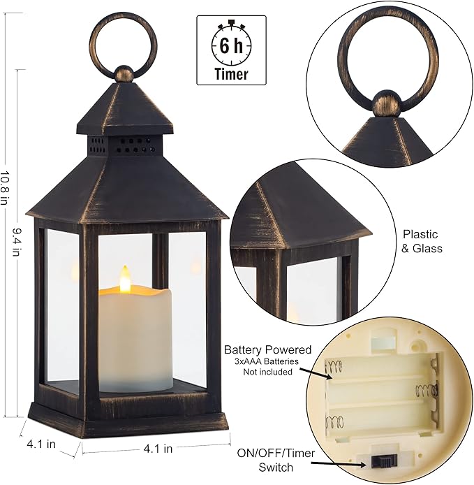 Vintage Golden Brushed Black Lantern Decorative LED Flickering Flameless Candle with Timer, Battery Powered LED Decorative Hanging Lanterns for Indoor Outdoor Garden Yard Home Decor(4 Pack)