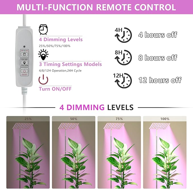 BESTVA 48W Grow Lights for Indoor Plants with Stand, Full Spectrum LED Plant Light for Indoor Plants,12-59 Inches Height Adjustable Growing Lamp with Auto On/Off Timer 4H/8H/12H, 4 Dimmable Brightness