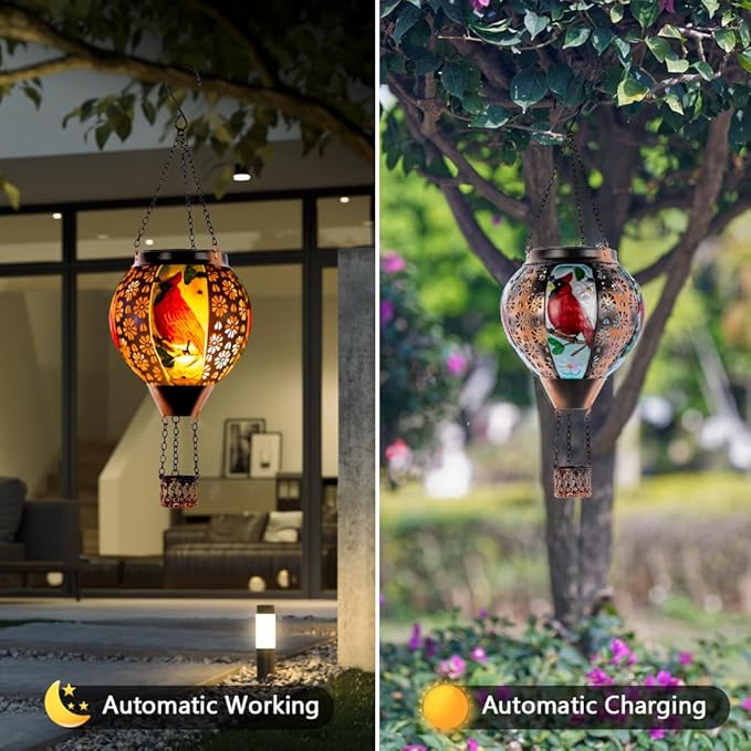 DREAMSOUL Cardinal Hot Air Balloon Solar Lantern, Metal Solar Lantern with Flickering Flame, Solar Lanterns Outdoor Waterproof for Lawn Patio Decor Christmas Gifts