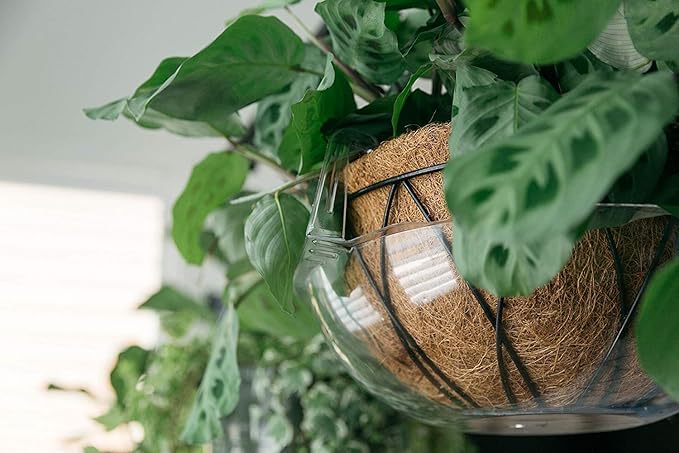 Curtis Wagner Plastics Wire Coco Hanging Basket Drip Pans (5-Pack) | Clear, Round (12” - 14" Top, 3.75" Depth) Hanging Plant Tray Saucer with Built-in Hooks & Water Catcher for Indoor & Outdoor