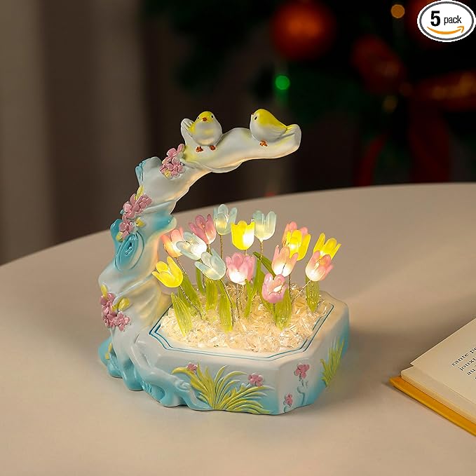 Handmade Tulip Flower Lamp for Womens Gifts, Resin Decorative and Bird, Best Christmas Anniversary Birthday Gifts, Perfect Ideal for Bedroom Ambiance Charming(Tulip)