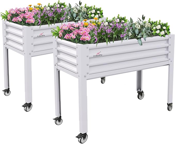 A ANLEOLIFE 2-Set Galvanized Raised Garden Bed with Legs,48x24x35in Large Elevated Planter Box on Wheels with Drainage Holes for Backyard, Balcony, Patio, 600lb Capacity, Antique White