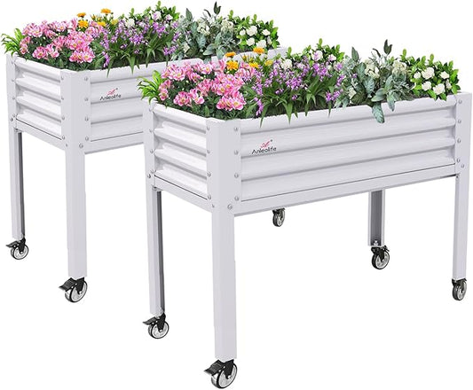 A ANLEOLIFE 2-Set Galvanized Raised Garden Bed with Legs,48x24x35in Large Elevated Planter Box on Wheels with Drainage Holes for Backyard, Balcony, Patio, 600lb Capacity, Antique White