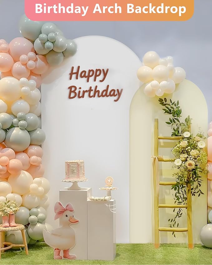 Hemmotop White and Beige Wedding Arch Backdrop Cover, Set of 2 (7.2ft, 6ft), 2 Sided Stretchy Spandex Fitted Balloon Arch Stand Backdrop for Birthday Party, Baby Shower, Double Color