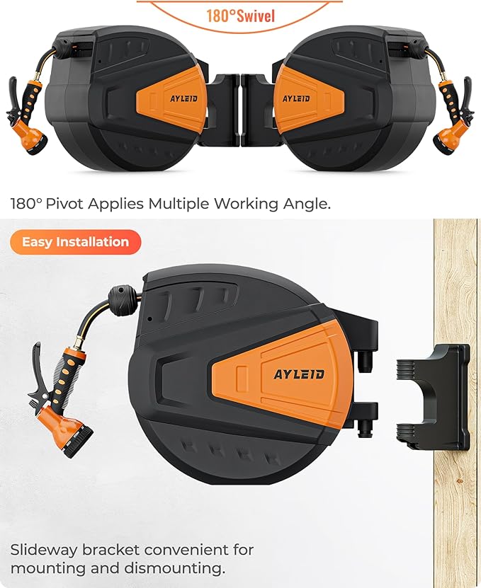 Ayleid Retractable Garden Hose Reel,5/8 in x 100 FT Wall Mounted Hose Reel, with 9- Function Sprayer Nozzle, Any Length Lock/Slow Return System/Wall Mounted/180°Swivel Bracket (Black)