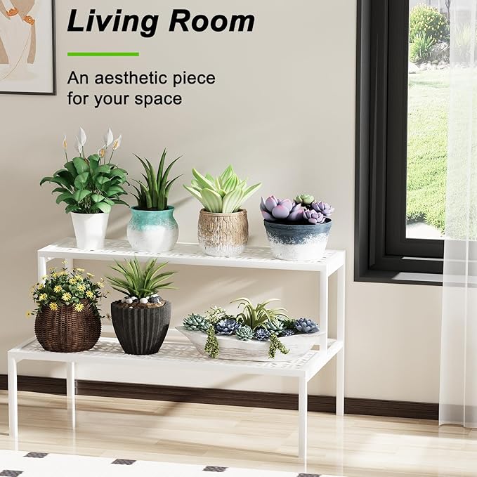 aboxoo Metal Plant Stand Metal 2 Tier Potted Multiple Flower Pot Holder Plant Shelf Indoor Plants Multiple,Outdoor Heavy Duty Planter Display Shelving Unit for Patio Garden Corner Balcony,Living Room(White)