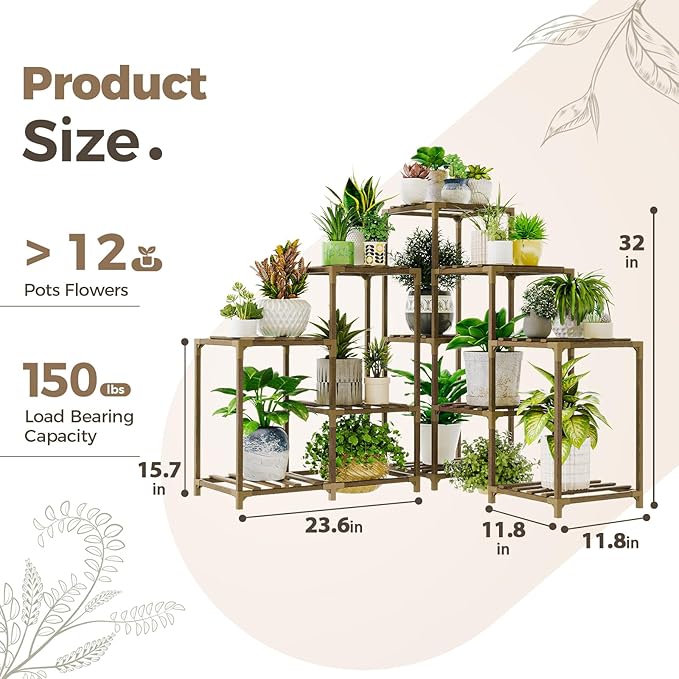 Bamworld Plant Stand Indoor Outdoor Corner Shelf 11 Potted Large Holder for Multiple Plants Wooden Tall Stands Combo Table Rack Garden Patio Lawn Window
