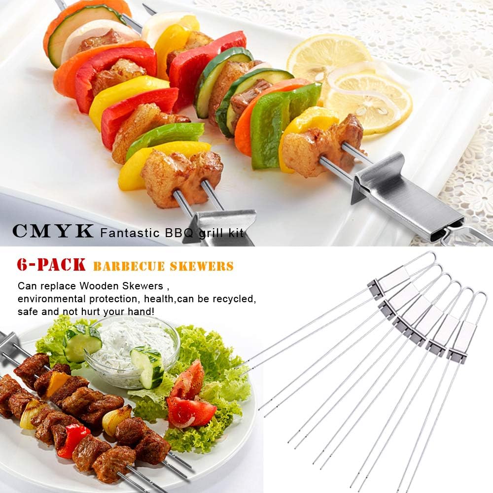 CMYK Barbecue Skewers, 6-Pack 13" Stainless Steel Grilling Skewers with Slider, Reusable Metal BBQ Shish Kabob Skewers Sticks