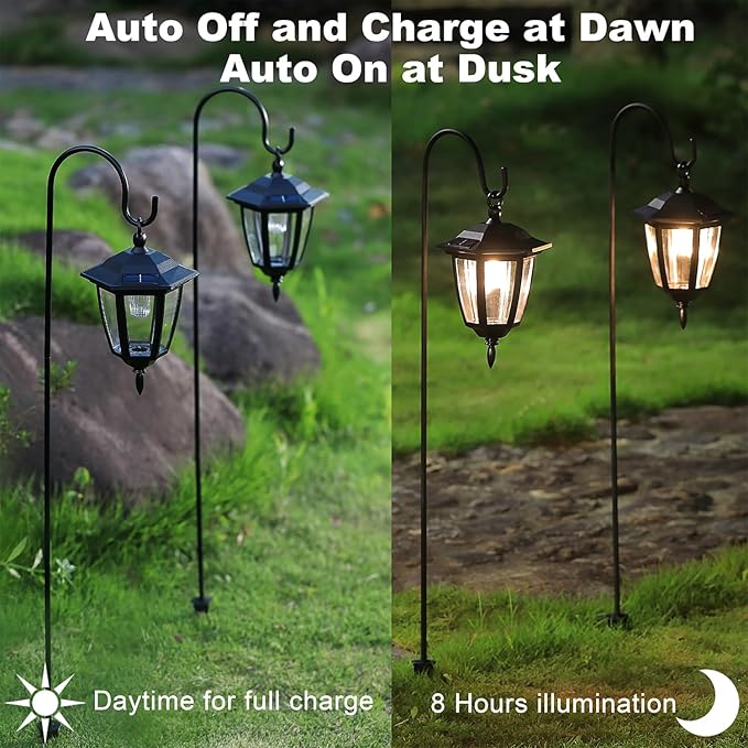 Dynaming 6 Pack Solar Hanging Lights Outdoor, Solar Powered Garden Decorative Lanterns with 6 x 38 Inch Shepherd Hooks, Waterproof Landscape Lighting for Lawn Patio Yard Pathway Driveway, Warm White