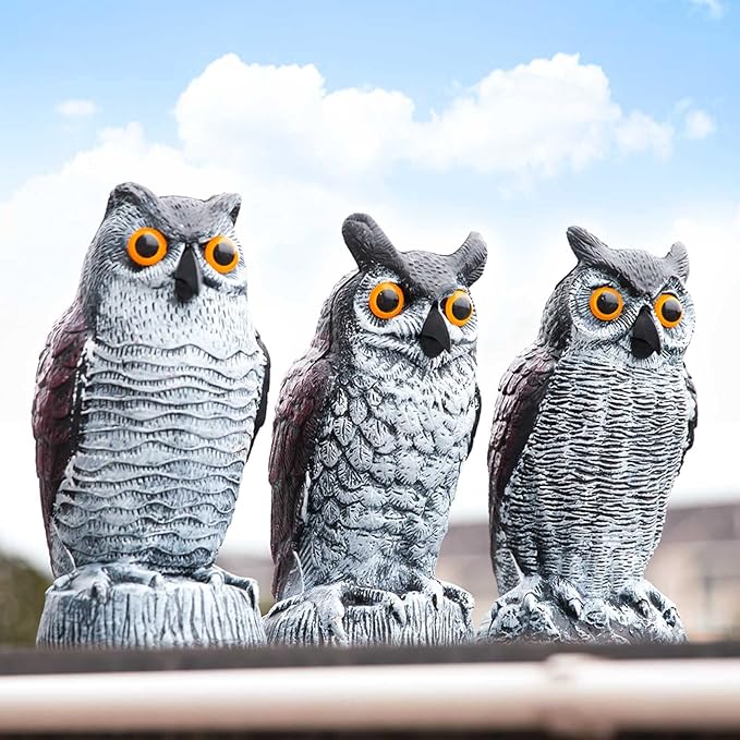 Ezoon 3 Pack Owl Decoy to Scare Birds Away, Fake Owl Scarecrows, Pigeon Deterrent, Plastic Owl Statue for Outdoor Garden Yard