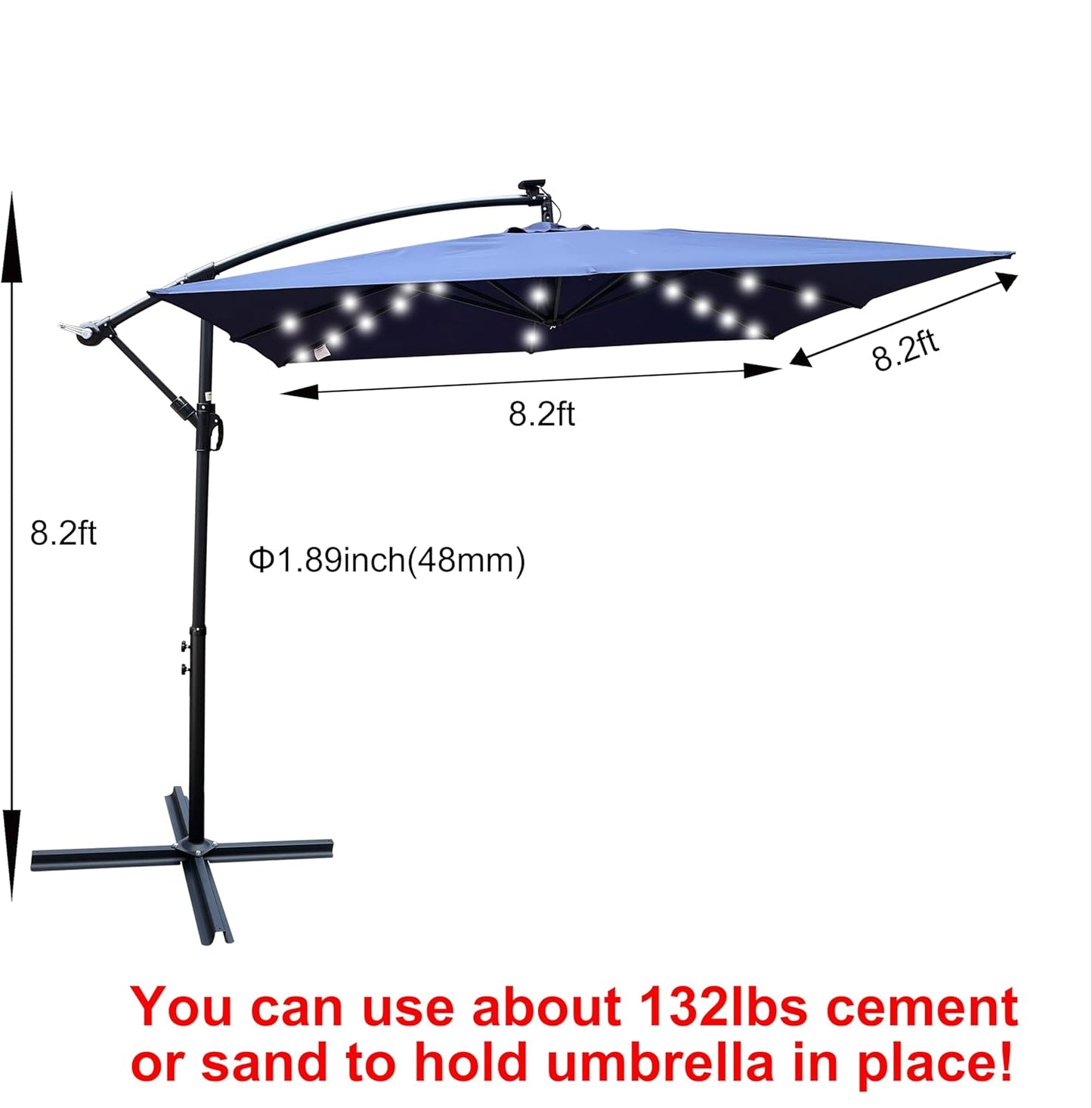 8x8FT Patio Umbrella, Outdoor Offset Umbrella with Cross Base and Crank, Square Cantilever Umbrella with Solar Lights, Hanging Market Umbrella with 8 Rids for Pool, Deck, Backyard (Navy Blue)