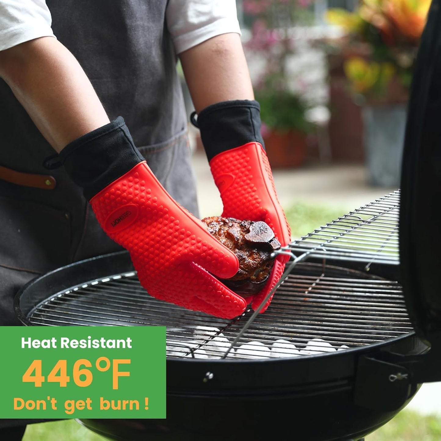 GEEKHOM BBQ Gloves Heat Resistant Oven Mitts - Silicone Grilling Gloves with 14" Long Arm Protection - Waterproof Pot Holder Non-Slip for Men & Women, Kitchen Cooking, Baking, Camping, Red