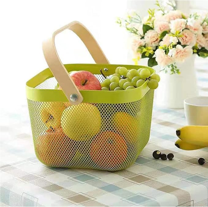 Metal Mesh Steel Basket, Storage Organizer Basket Multi-functional Hanging Kitchen Baskets Fruit Basket with Wooden Handle for Kitchen Bathroom Picnic Shopping Decor Cabinet Home, Macaron Green