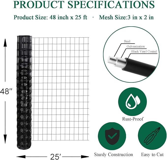 Black PVC Coated Welded Wire Fence 48 Inch x 25 Foot, 2 Inch x 3 Inch 16GA, Garden Border Fencing Roll Vinyl Coating Metal Wire Mesh for Yard Vegetable Plant Protection Poultry Netting