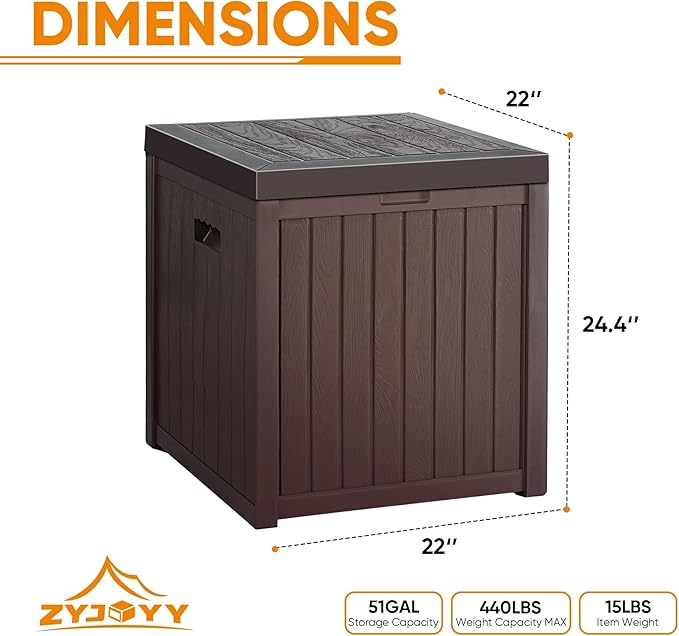 51 Gallon Resin Deck Box, Outdoor Storage Box Waterproof for Patio, Garden, Pool, and Deck, Storage Solution for Cushions, Tools, Delivery Packages, Brown