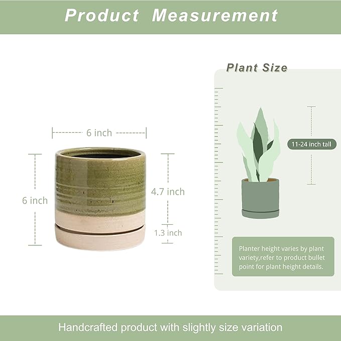 6 Inch Plant Pots, Ceramic Planter Pot with Drainage Hole & Saucer, Indoor/Outdoor Cylinder Round Planter Pot, Green & Beige