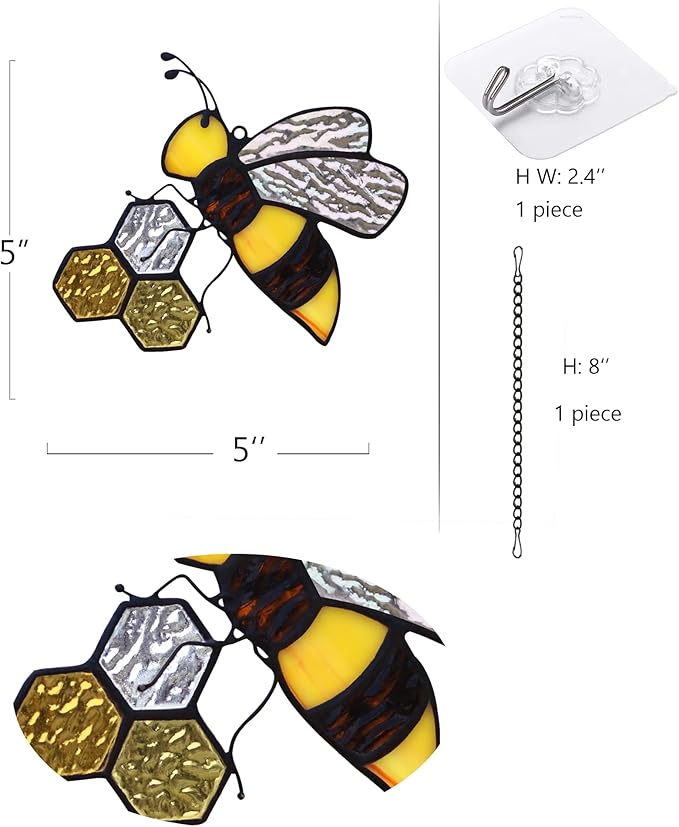 Bee On Honeycomb Stained Glass Window Hangings, Bee Suncatcher Garden Bee Decor Bee Gift for Mom Women