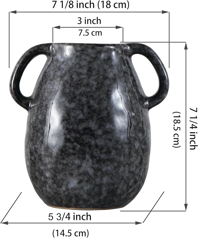 Ceramic Modern Farmhouse Vase with 2 Handles, Black Ceramic Vases for Home Decor, Rustic Pottery Vase, Decorative Terracotta Flower Vase, Boho Clay Vase for Table Living Room Shelf Mantel Decor