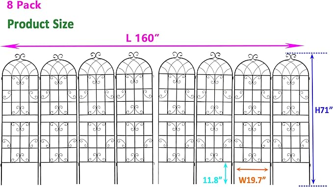 8 Pack Metal Garden Trellis 71" H Garden Fence Rustproof Trellis for Climbing Plants Support Roses Flower Outdoor Lawn Black