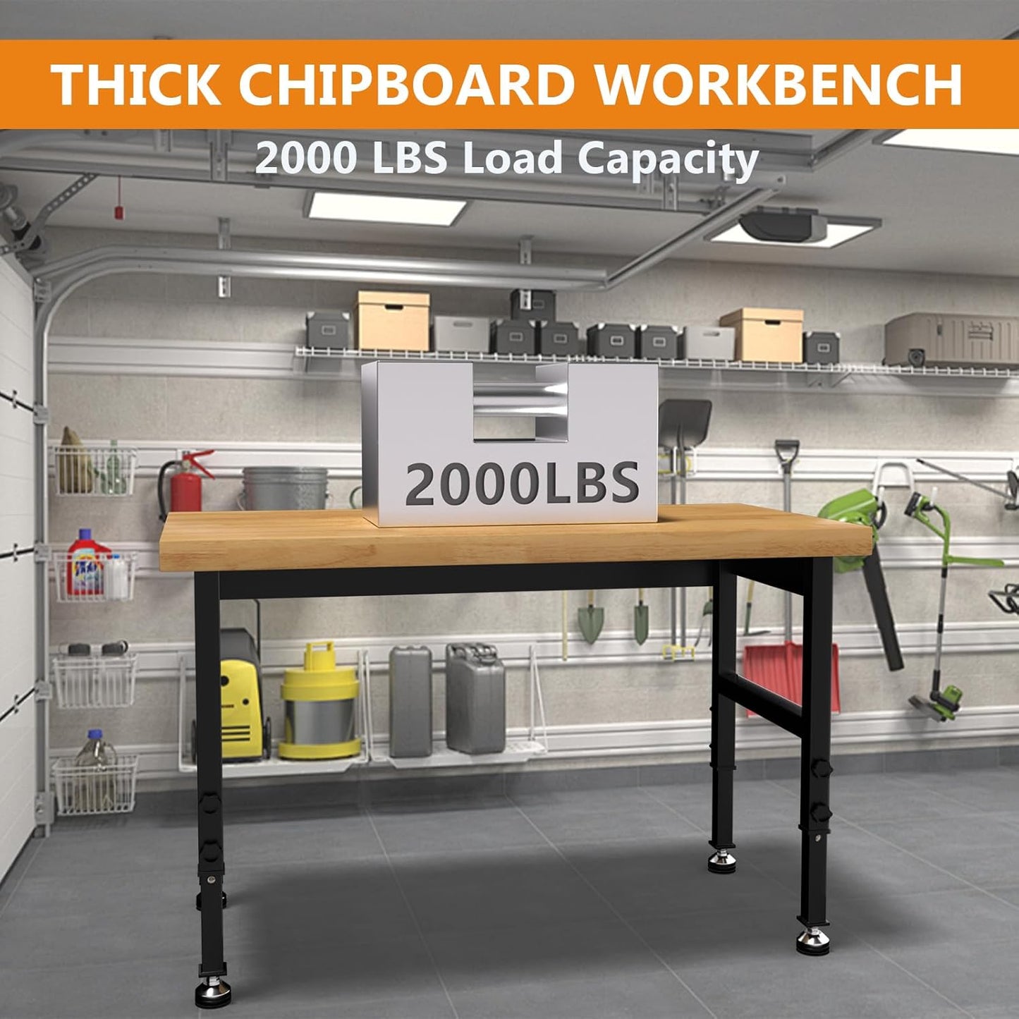 48" Work Bench, Adjustable Height Workbench with Rubber Pad, Heavy-Duty Work Table with Power Outlets, 2000 LBS Capacity Workstation for Garage, Workshop, Office, Home