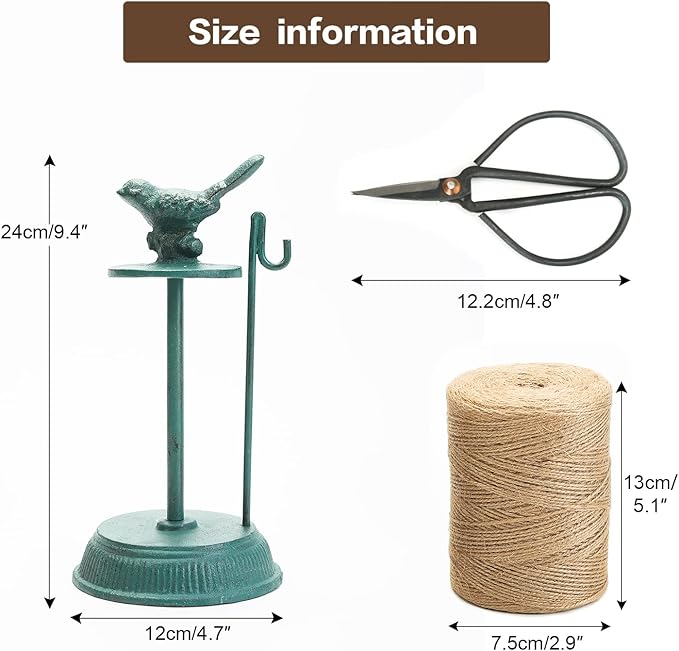 Sungmor Cast Iron Garden Twine Holder Set - 1300ft. Natural Jute Twine String & Rope Rack & Scissors - Decorative & Practical Home Arts Crafts Tools for Picture Display Gift Wrapping Packing Gardening