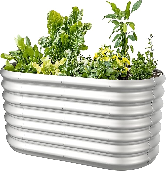 4x2x2ft Oval Galvanized Raised Garden Bed Kits Outdoor Large Metal Modular Planter Box 9-in-1 Raised Beds for Gardening,Vegetables,Fruits,Flowers & Herbs (Silver)