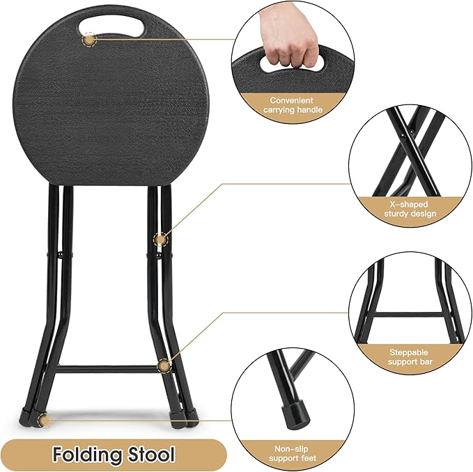 Folding Stool - 550lbs Capacity, Foldable Handle, Portable Heavy Duty, Outdoor/Indoor, 18 Inch Collapsible for Camping & Home (Set of 1, Black)