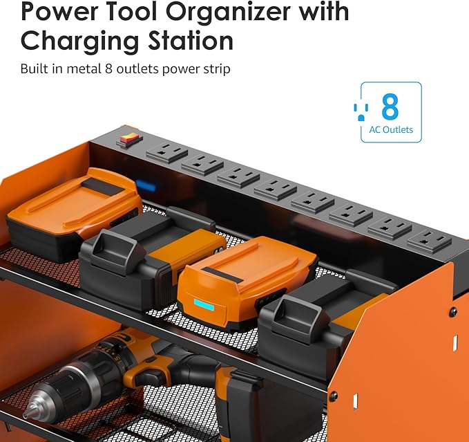 CCCEI Set Power Tool Organizer Wall Mount with Charging Station. Garage 4 Drill Storage Shelf with Hooks, Heavy Duty Metal Tool Battery Charger Organizer. Shop Utility Rack with Power Strip Orange.