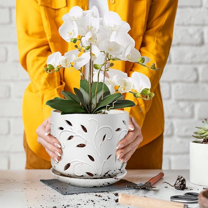 EFISPSS Orchid Pots with Holes, 7 Inch Orchid Pots with Drainage Holes and Tray, Indoor or Outdoor Ceramic Flower Pot for Orchid Care, Promoting Air Circulation and Drainage Plant Pot - White