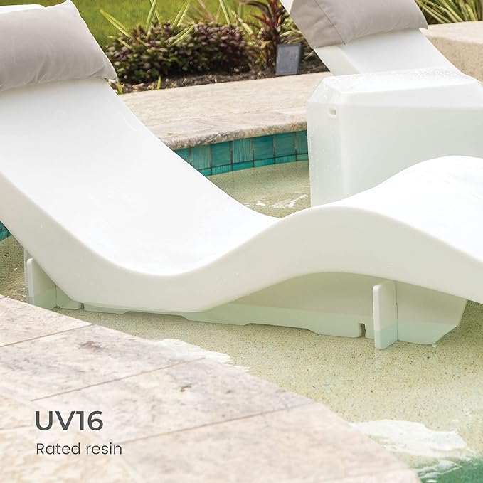 Aqua Outdoors in-Pool DEEP Ledge Chaise Set - Two Chaises - Two Headrest Pillows - Chaise Risers and One Large in Pool Side Table - for ledges 9"-14" inches Deep (White Granite-Grey)